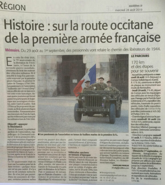 29 aout 2019. Histoire : Sur la route occitane de la première armée Française (Midi Libre)