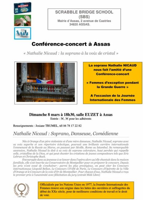 8 mars 2020. JOURNEE DE LA FEMME ! ASSAS (34), conférence-concert « Femmes d’exception de la Première Guerre mondiale » à 18h30, salle Euzet