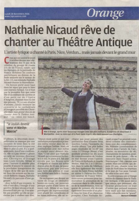 28 novembre 2016. Nathalie rêve de chanter au Théâtre Antique (La Provence Orange)