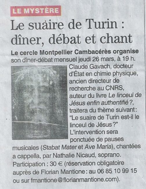 26 mars 2015. Intervention sur des Stabat Mater et Ave Maria pour la conférence de Monsieur Claude Gavach sur: « Le Suaire de Turin », Cercle Montpellier CAMBACERES, présidé par Florian Mantione.