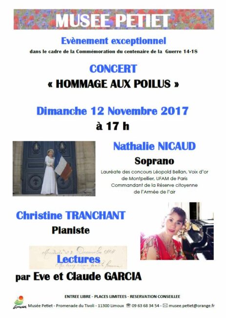 12 novembre 2017. Limoux, Musée Petiet concert « Hommage aux Poilus » à 17 h00, Nathalie NICAUD & Christine TRANCHANT Pianiste