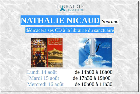 Mercredi 16 août 2023. Lourdes (66), Nathalie dédicace ses disques à la librairie du sanctuaire.