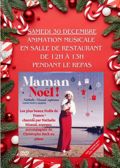 Samedi 30 decembre 2023. Montpellier (34), EHPAD Péridier, concert de Noël pour les résidents, Nathalie est accompagnée par le pianiste Christophe Back.