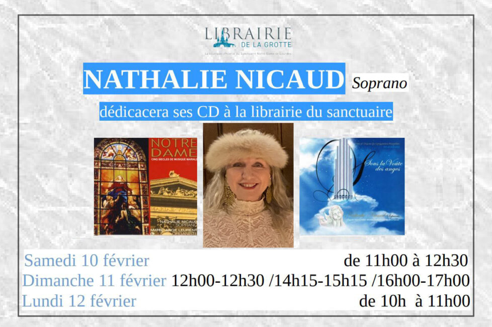 Samedi 10 février 2024 au Lundi 12 février 2024. Lourdes (66), Nathalie dédicace ses disques à la librairie du sanctuaire.