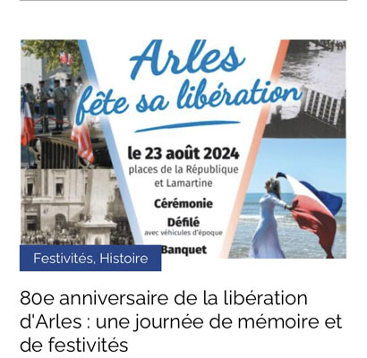 Vendredi 23 août 2024. Arles (13), de 14h à 21h, la ville fête le  80ème anniversaire de la Libération de Provence, Miss liberty et ses musiciens vous offrirons un spectacle hors du commun pour une soirée inoubliable de bal de la Libération…